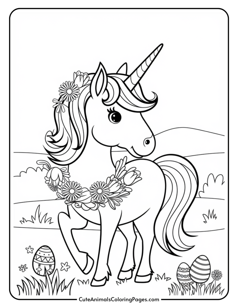 A coloring page illustration of a unicorn adorned with flowers, standing in a scenic landscape with decorated eggs in the foreground.