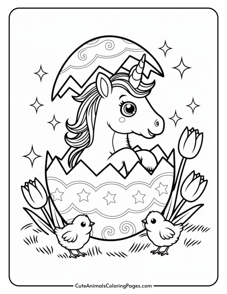 A unicorn hatching from a decorated egg, surrounded by tulips and two small chicks, with stars in the background.