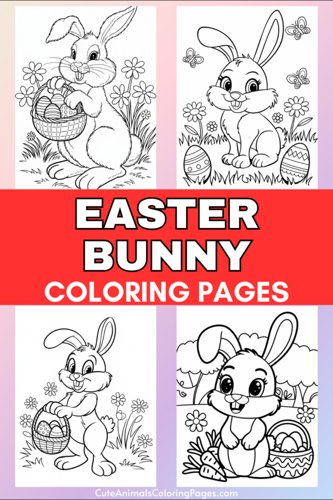 Easter bunny coloring pages with illustrations of rabbits and decorated eggs.