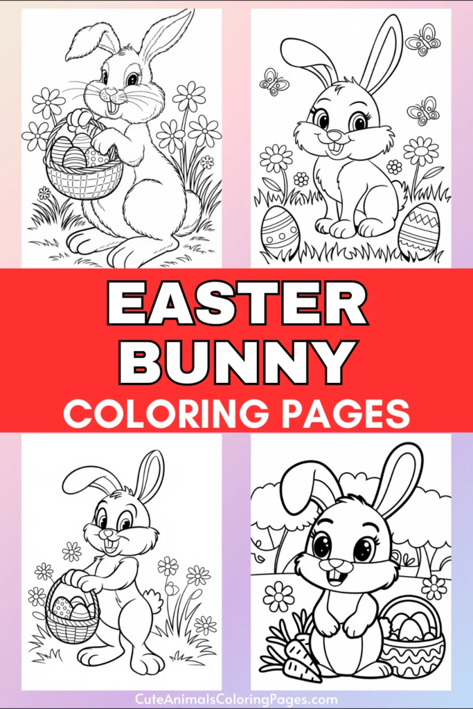 Easter bunny coloring pages with illustrations of rabbits and decorated eggs.