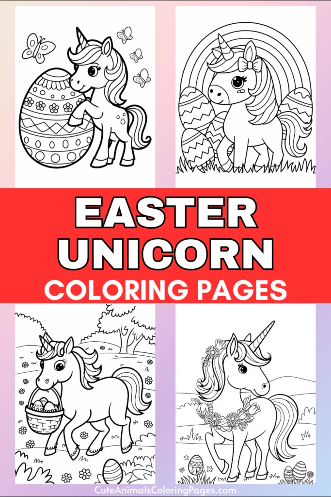 Easter unicorn coloring pages with various designs featuring unicorns and Easter eggs.