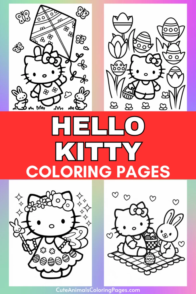 Four Hello Kitty coloring pages featuring different scenes with bunnies, butterflies, flowers, and Easter eggs, with a red banner in the middle labeled "Hello Kitty Coloring Pages."