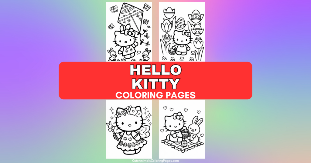 Hello Kitty coloring pages with various designs featuring the character and a red banner reading "Hello Kitty Coloring Pages" on a colorful gradient background.