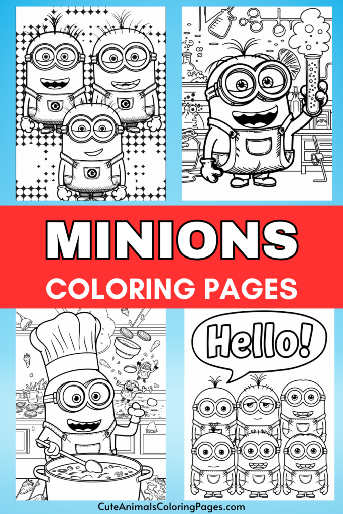 Minions coloring pages with various scenes, including one with a "Hello!" speech bubble.