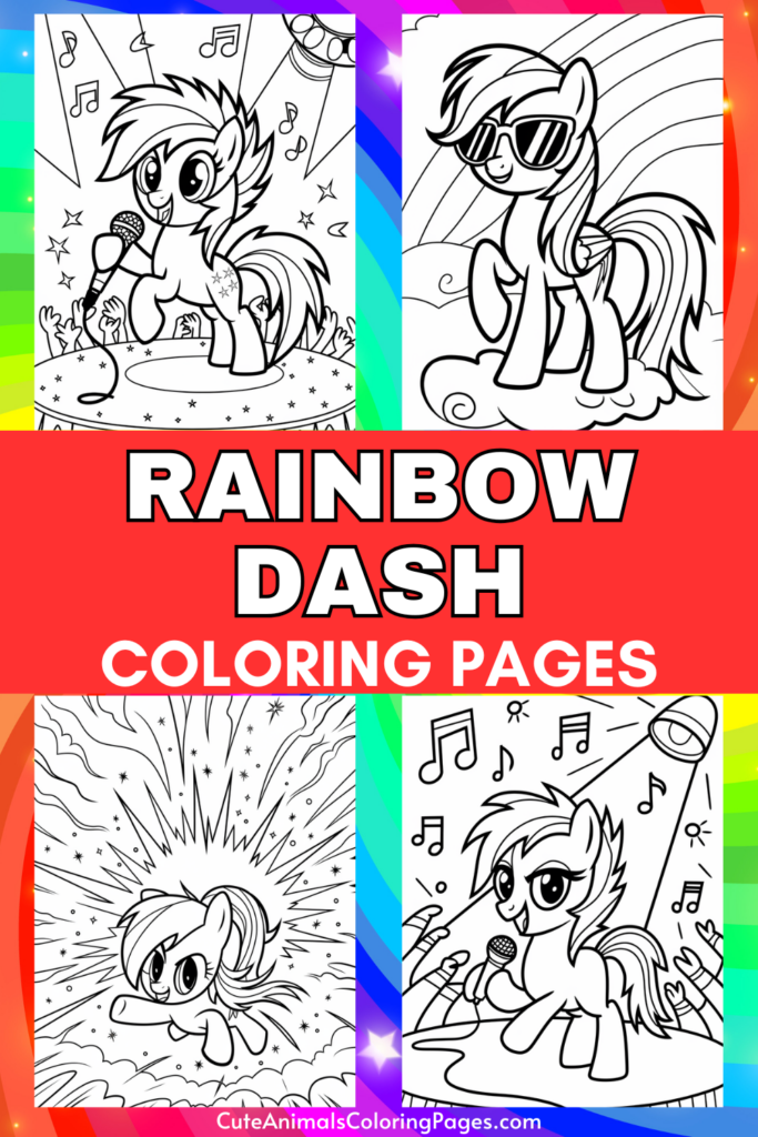 "Rainbow Dash Coloring Pages" poster with various outlined illustrations of a character singing, wearing sunglasses, and flying amidst musical notes and stars.