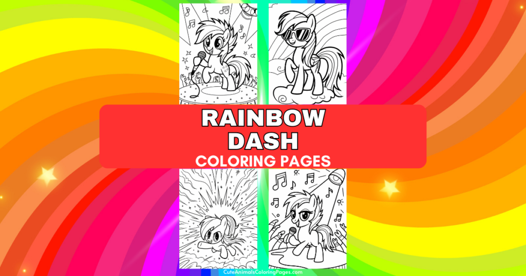 Rainbow Dash coloring pages with various images of a cartoon pony, set against a colorful rainbow background.