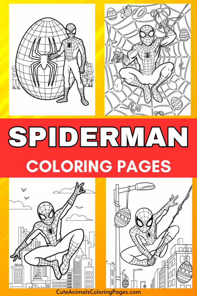 Spiderman-themed coloring pages with illustrations of Spiderman in various poses and scenes.