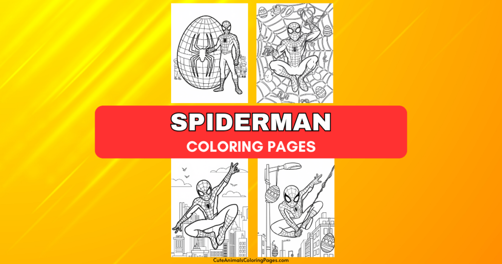 Spiderman coloring pages on a yellow background.