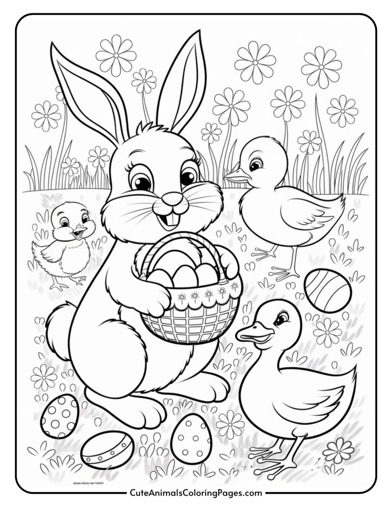 A cartoon rabbit holding a basket of eggs, surrounded by baby ducks and decorated eggs in a floral outdoor setting.