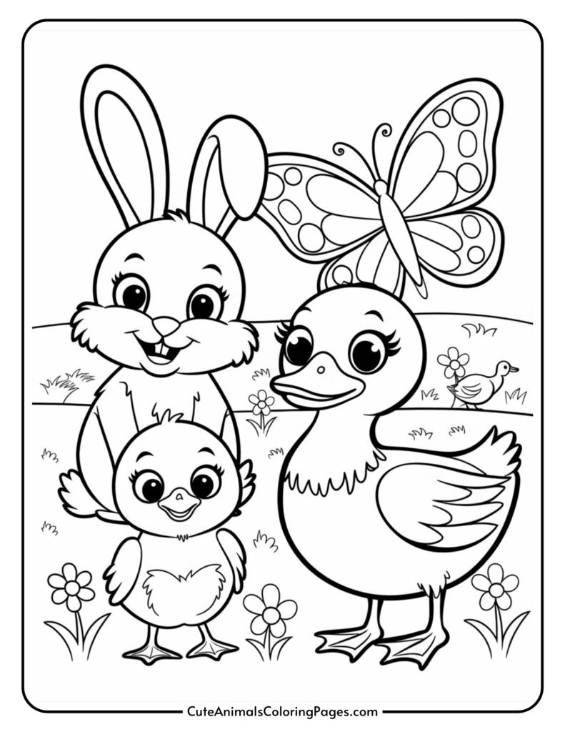 A coloring page featuring a cartoon rabbit, chick, duck, and butterfly in a grassy field with flowers.