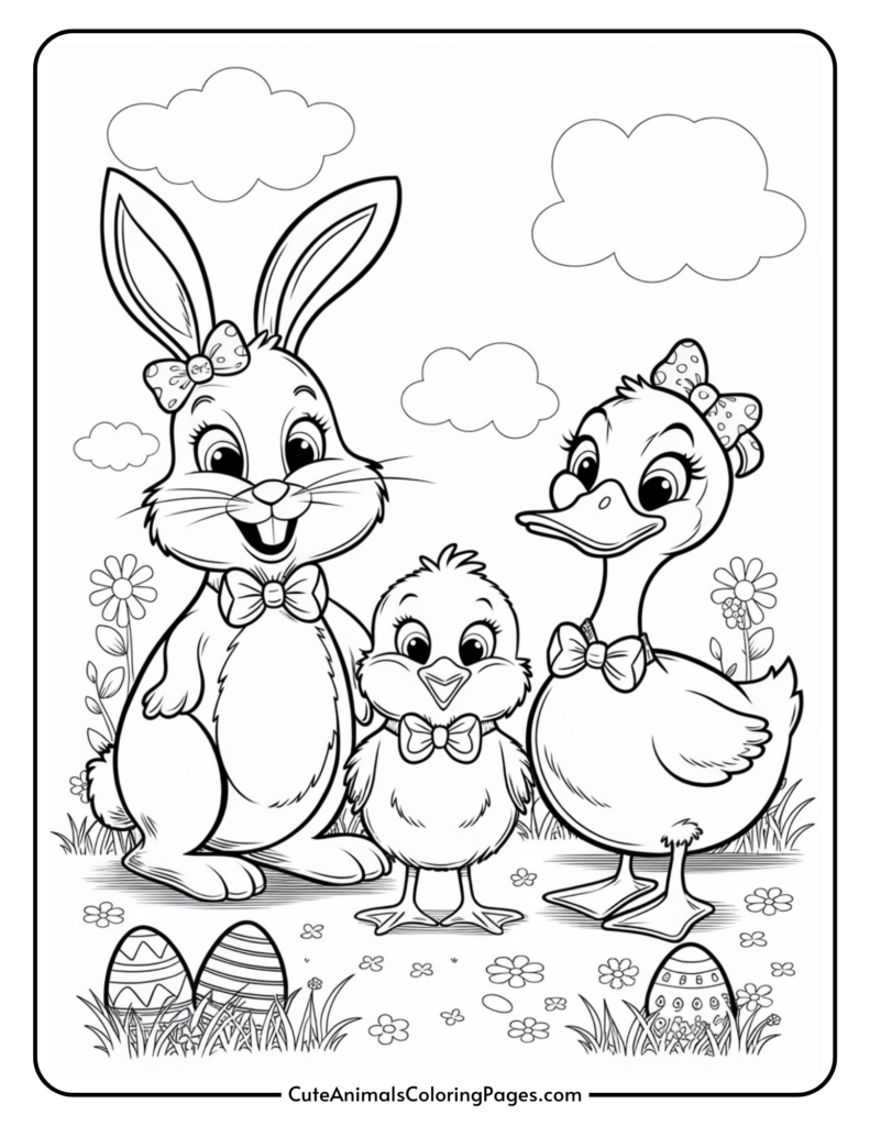 A cute coloring page featuring a smiling bunny, chick, and duck wearing bow ties and bows, standing in a field with flowers and Easter eggs, under a cloudy sky.