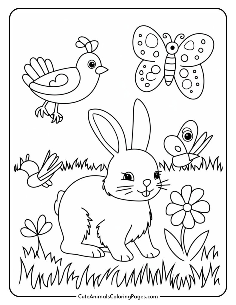 Coloring page depicting a rabbit in a grassy field with a butterfly, two birds, and a flower.