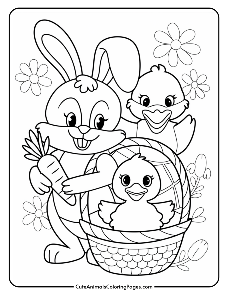 Cartoon bunny holding a carrot with two ducklings, one in a basket, surrounded by flowers.