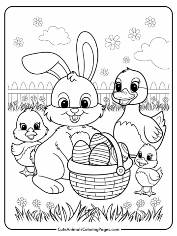 Cartoon bunny and ducklings with a basket of eggs in a garden setting.