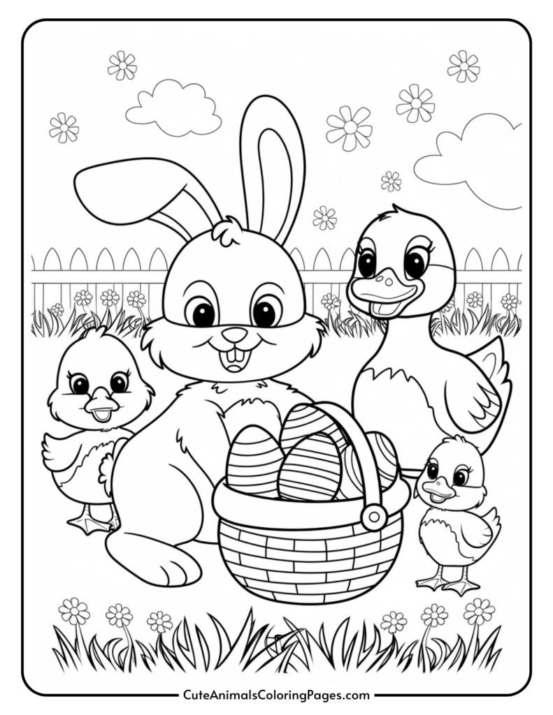 Cartoon bunny and ducklings with a basket of eggs in a garden setting.