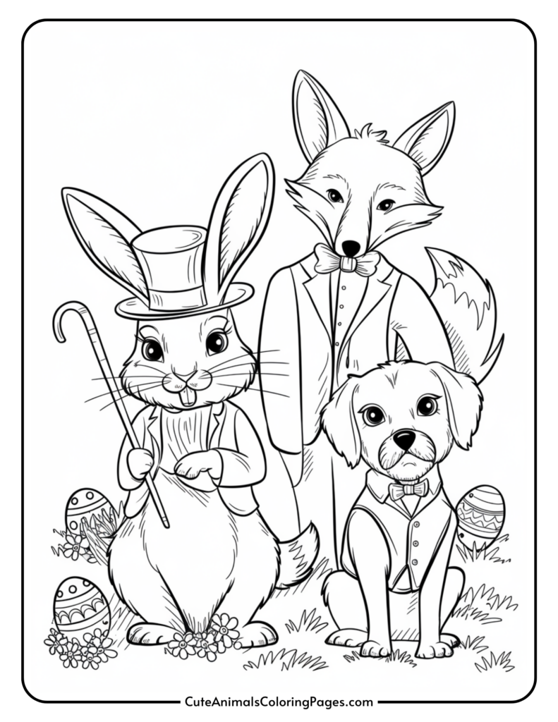 A coloring page featuring a rabbit with a top hat, a fox in a suit, and a dog wearing a bow tie, surrounded by Easter eggs and flowers.