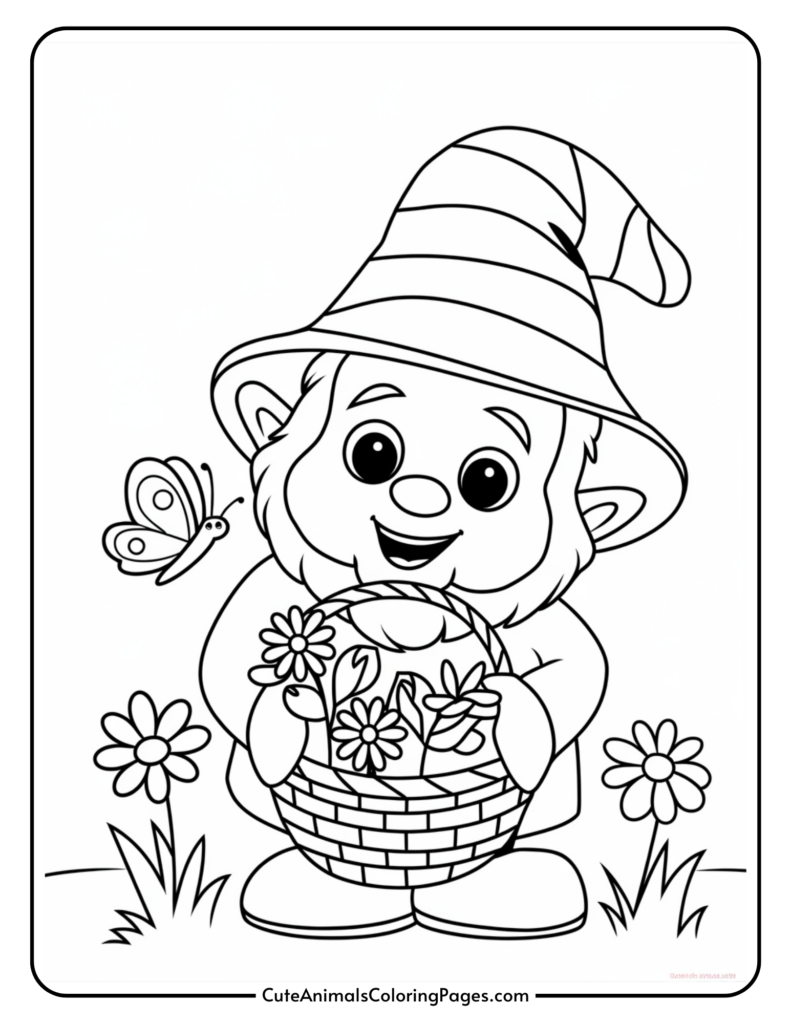 A cute gnome with a striped hat holding a basket of flowers, surrounded by grass and flowers, with a butterfly nearby.