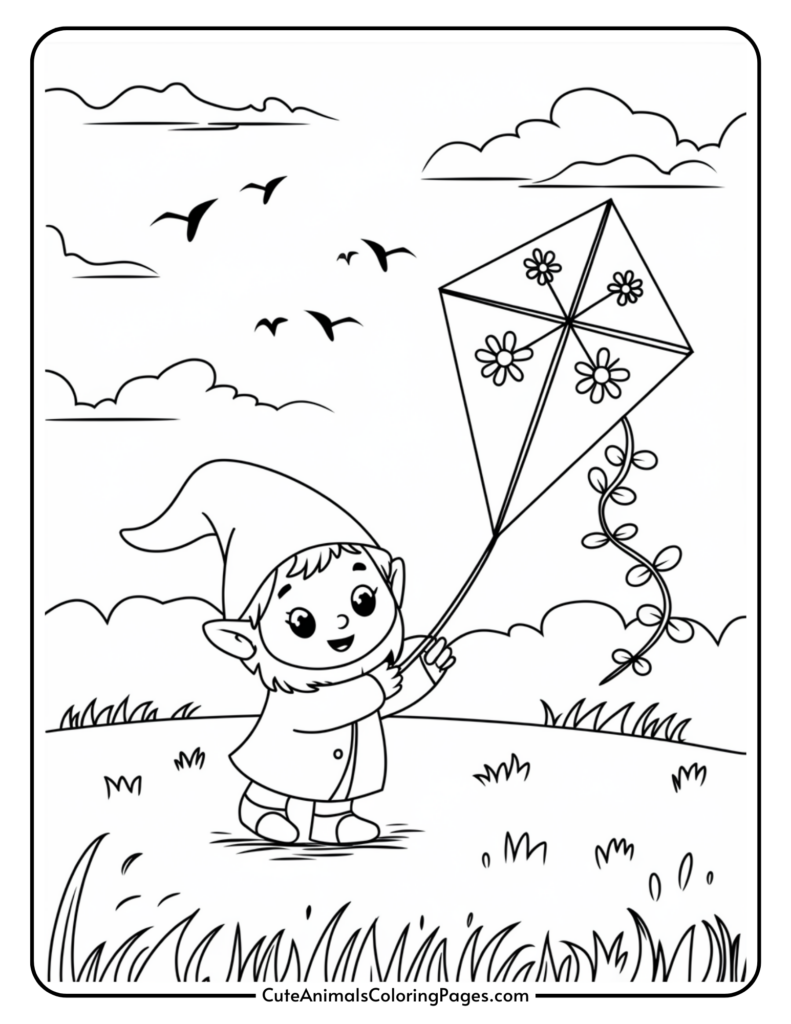 A cartoon elf flying a flower-decorated kite in a grassy field with birds and clouds in the sky.