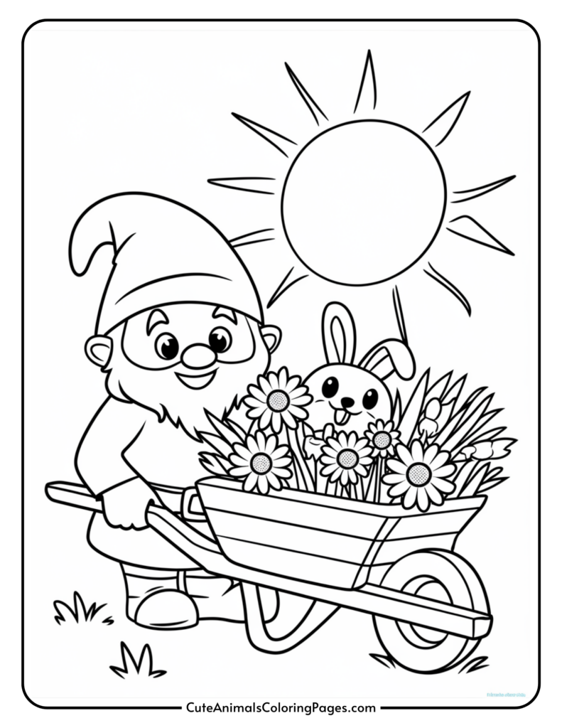 A garden gnome pushing a wheelbarrow filled with flowers and a smiling rabbit, with the sun shining brightly overhead.