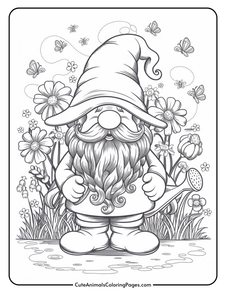 A garden gnome with a long beard and tall hat stands among blooming flowers and butterflies.