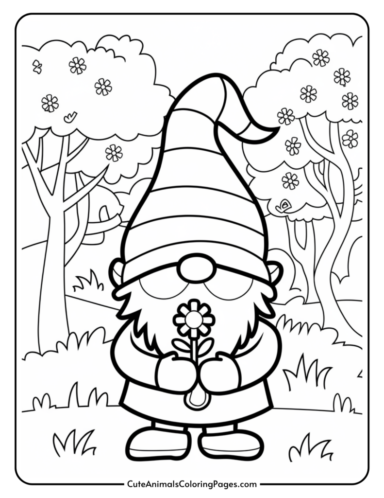 A gnome with a long hat holding a flower, standing in a forest with trees and grass.