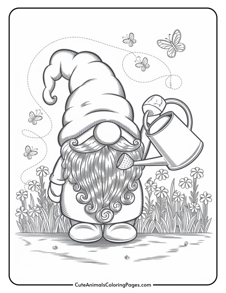 A gnome with a curly beard and tall hat holding a watering can, standing in a garden with flowers and butterflies.