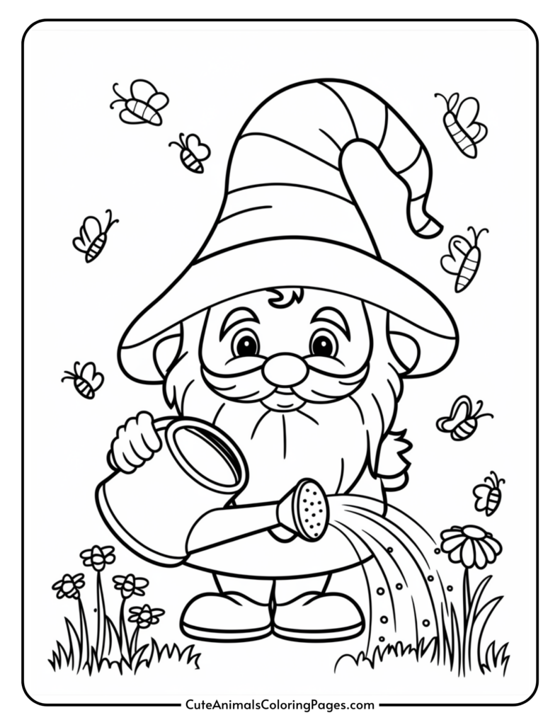 A coloring page featuring a gnome with a large hat watering plants while surrounded by flying bees.