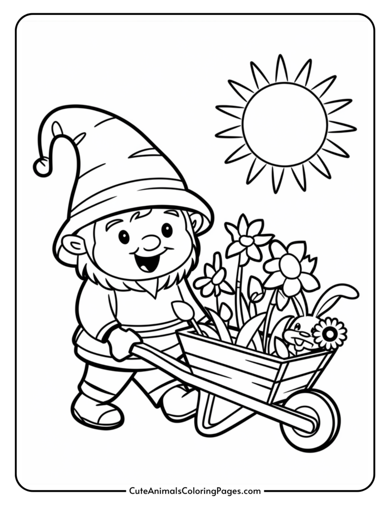 A cartoon gnome pushing a wheelbarrow filled with flowers, under a shining sun.