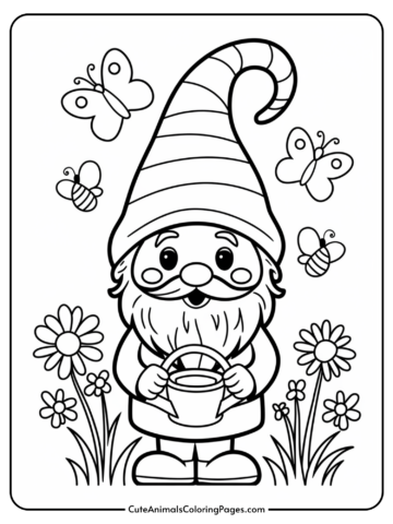 A gnome with a striped hat holding a watering can surrounded by butterflies and flowers.