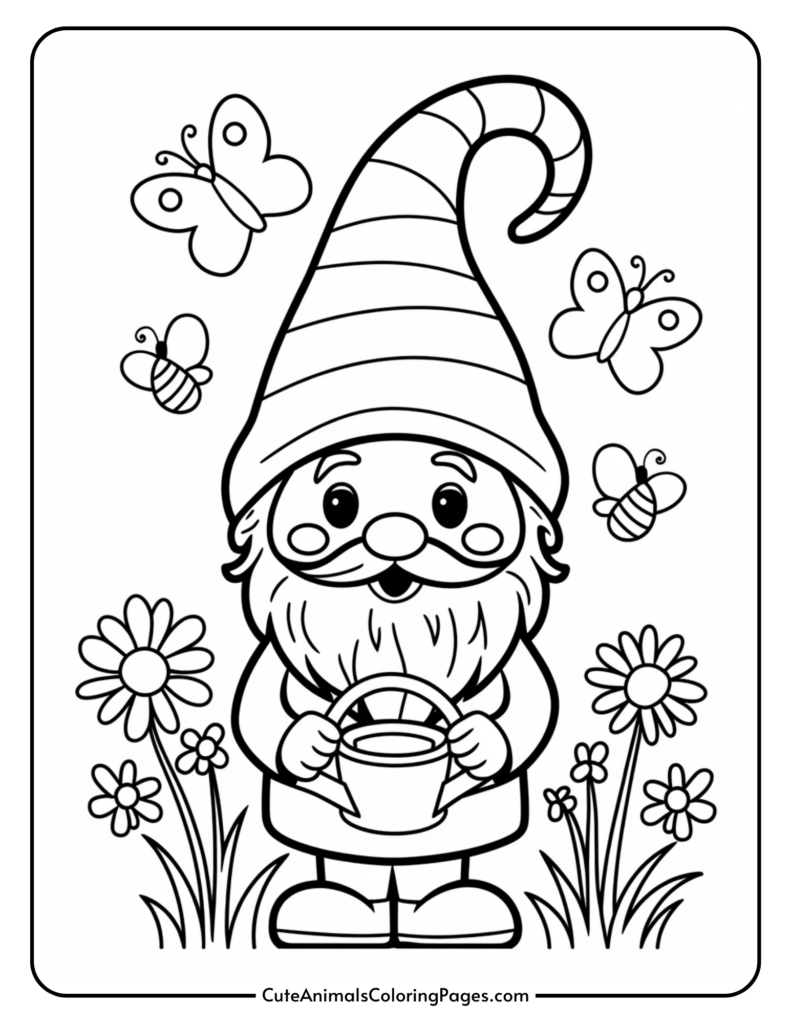 A gnome with a striped hat holding a watering can surrounded by butterflies and flowers.