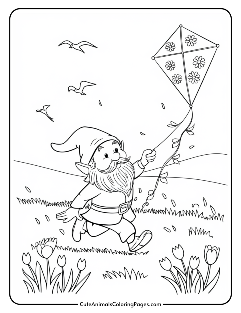 A gnome flying a kite with flower designs in a grassy field, surrounded by tulips and birds.