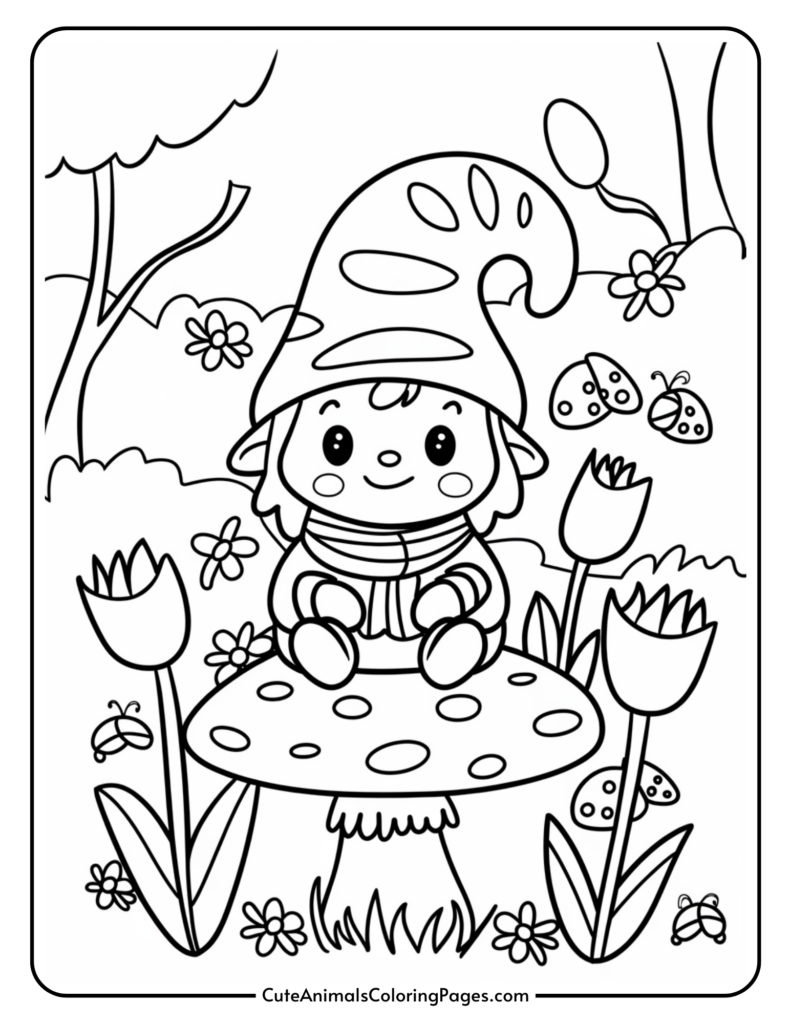 A cute gnome with a big hat sitting on a spotted mushroom, surrounded by flowers, trees, and ladybugs.