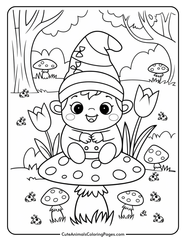 A cute cartoon gnome sitting on a large mushroom surrounded by flowers, small mushrooms, and ladybugs in a forest setting.