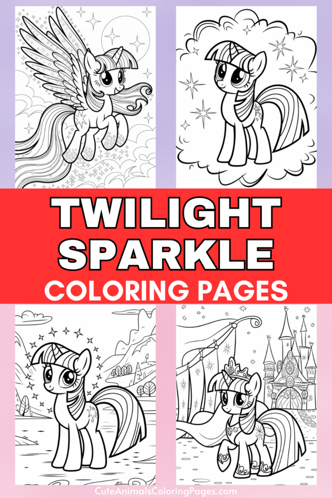 Twilight Sparkle coloring pages with various illustrations of the character and the text "Twilight Sparkle Coloring Pages" in bold red and white lettering.