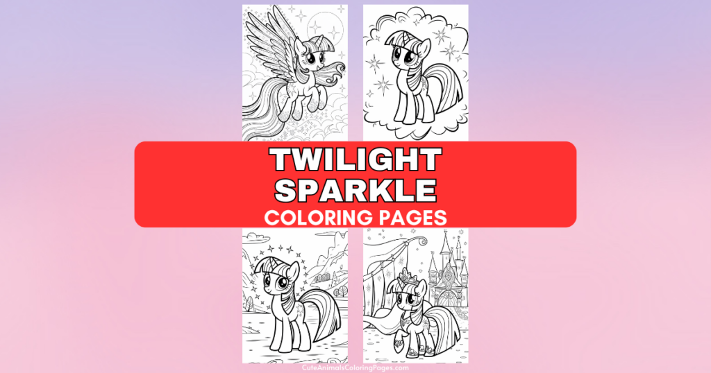 Twilight Sparkle coloring pages with various designs and backgrounds.