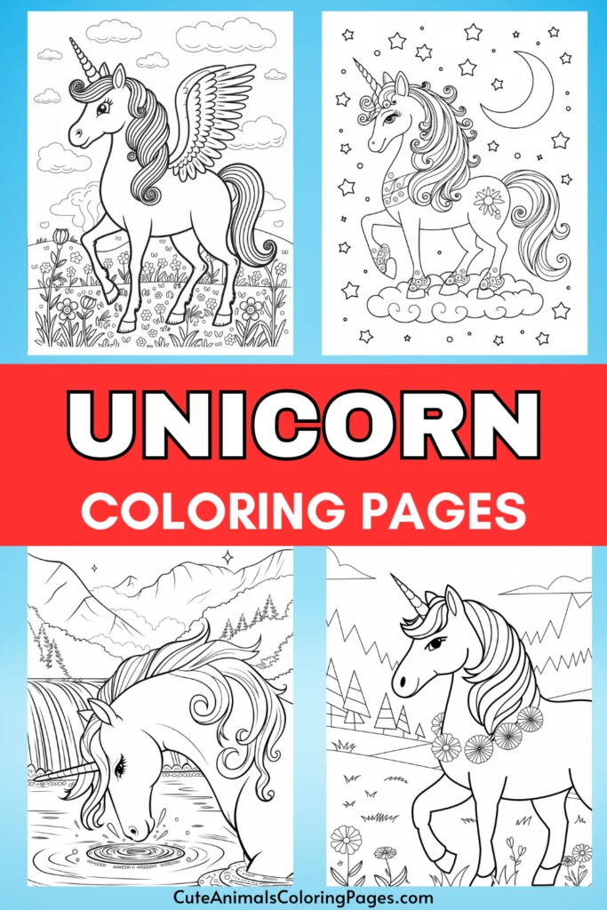 Unicorn coloring pages with various illustrations of unicorns in different settings, featuring flowers and stars.