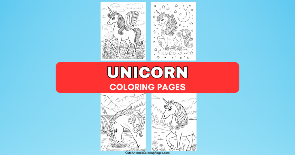 Unicorn coloring pages with four different unicorn illustrations on a blue background.