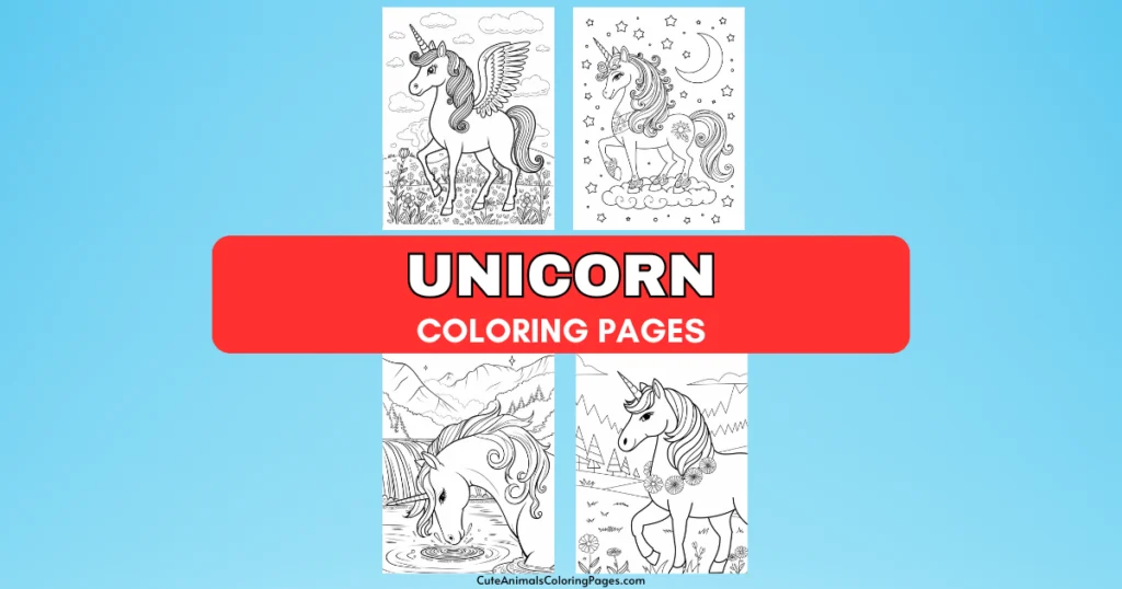 Unicorn coloring pages with four different unicorn illustrations on a blue background.