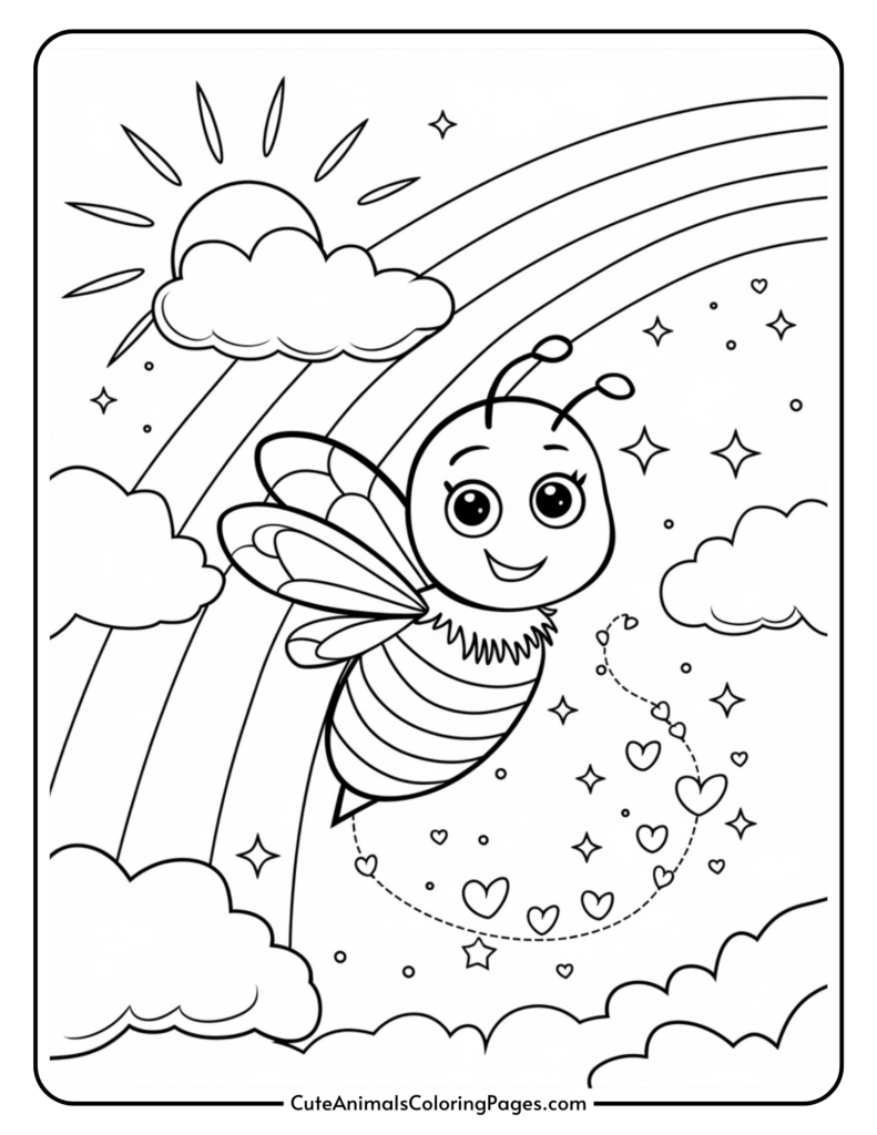 A cartoon bee flying among clouds with a rainbow and sun in the background, surrounded by stars and hearts.