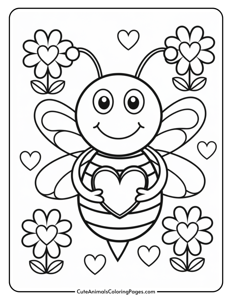 A cute bee holding a heart, surrounded by flowers and hearts.