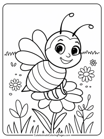 Cartoon bee smiling while sitting on a flower, with more flowers and foliage in the background.