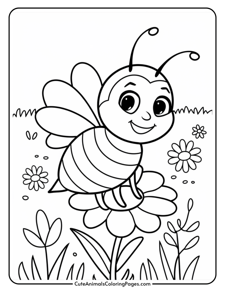 Cartoon bee smiling while sitting on a flower, with more flowers and foliage in the background.