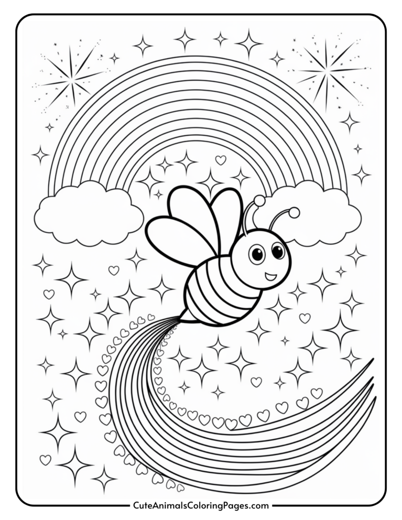 A cute bee flying with a trail of stars and hearts beneath a rainbow in a whimsical coloring page.