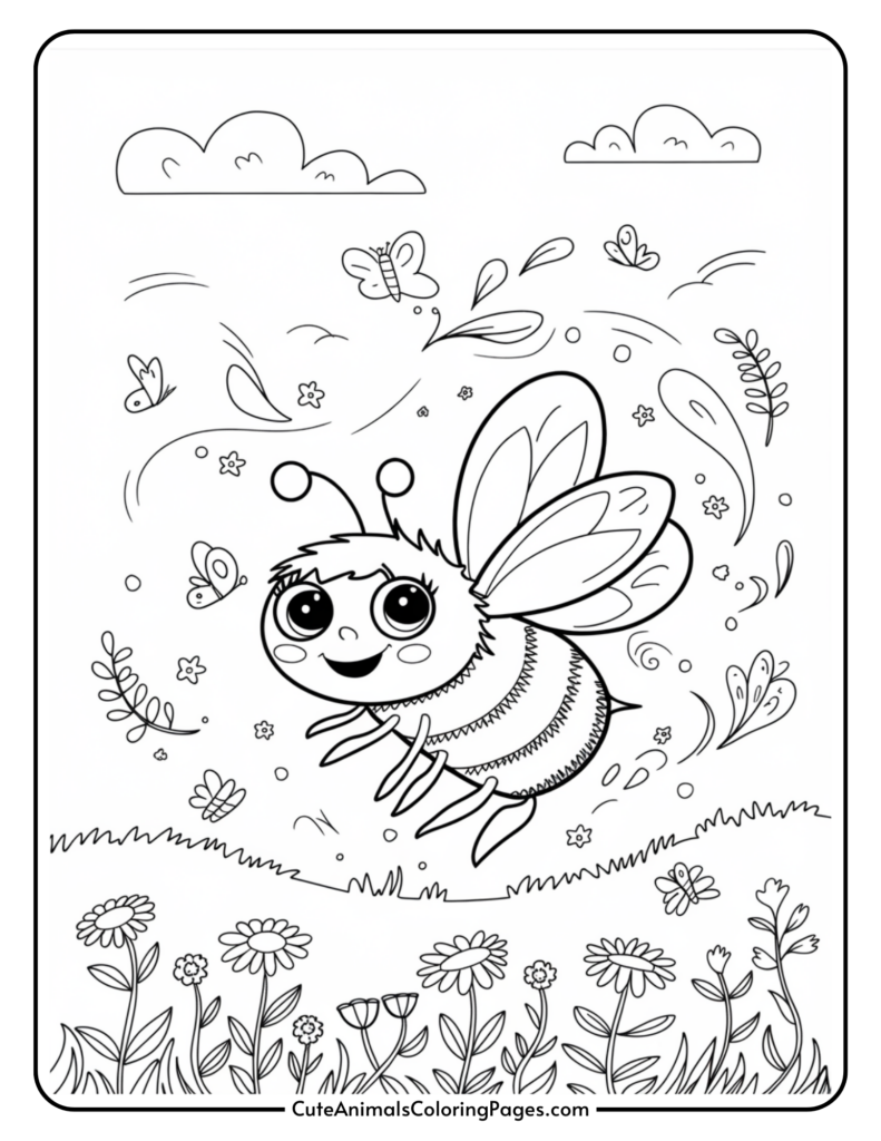 A cute cartoon bee flying over a field with flowers, butterflies, and clouds.