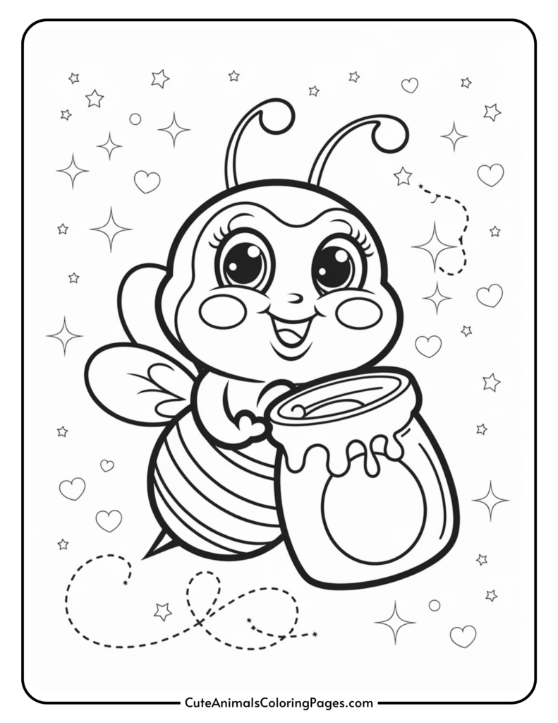 Cute bee holding a honey pot with stars and hearts in the background.