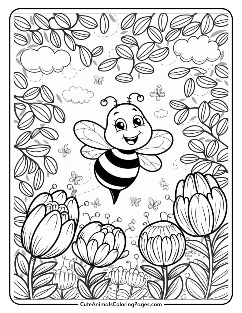 Cartoon bee flying among flowers and leaves with butterflies in the background.