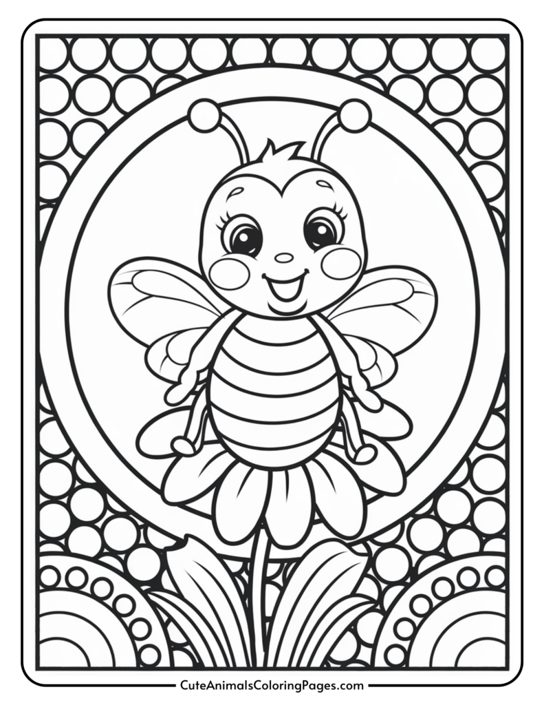 Cute cartoon bee on a flower with a patterned background.