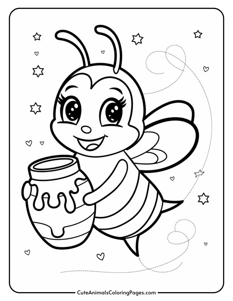 A cute cartoon bee holding a honey pot, surrounded by stars and hearts, with a dotted line showing its flight path.