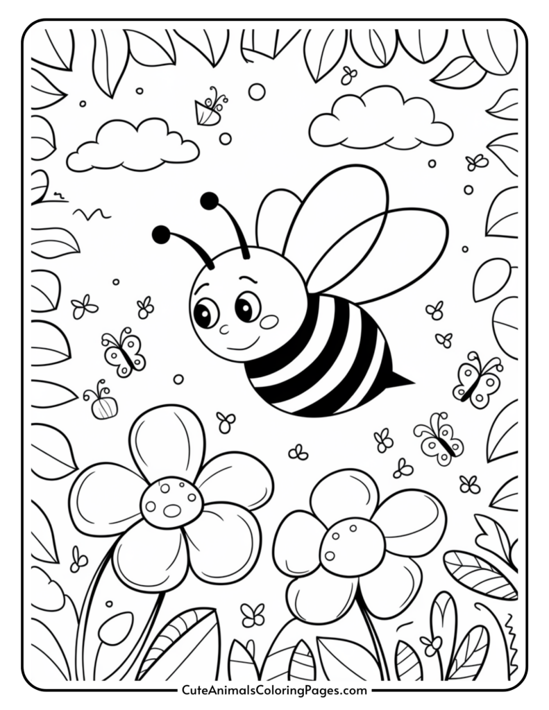 A cartoon bee flying among flowers, butterflies, and leaves, with clouds in the background.