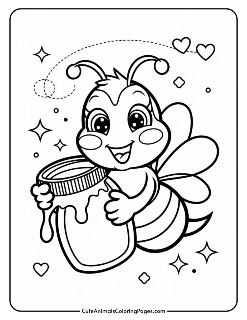 A cute cartoon bee holding a jar of honey, surrounded by hearts and stars.